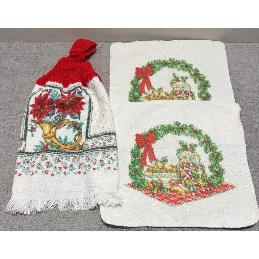 Cannon Christmas Towel Lot of 9 Hand Washcloth Oven Hang Vintage Cotton